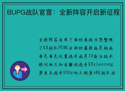 BUPG战队官宣：全新阵容开启新征程